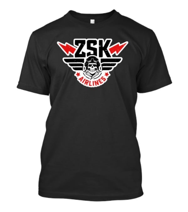 ZSK Airlines Skull Pilot Wings With Red Lightning Bolts And Stars T-Shirt
