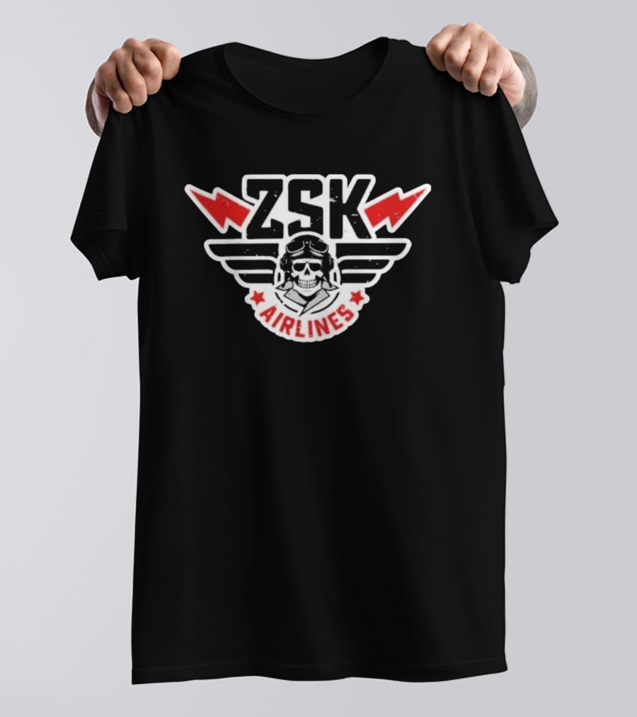 ZSK Airlines Skull Pilot Wings With Red Lightning Bolts And Stars T-Shirt