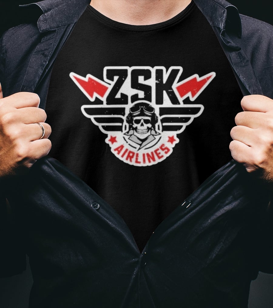 ZSK Airlines Skull Pilot Wings With Red Lightning Bolts And Stars T-Shirt