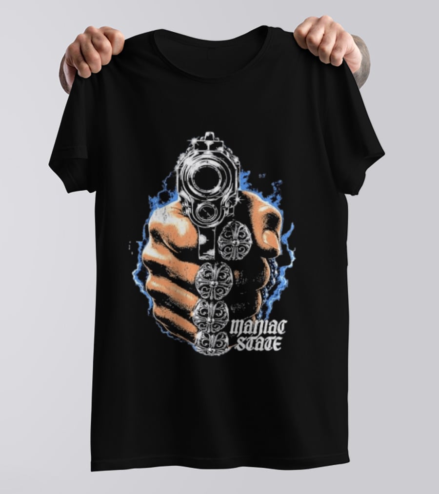 Maniac State Handgun Fist Chrome Cross Rings T-Shirt