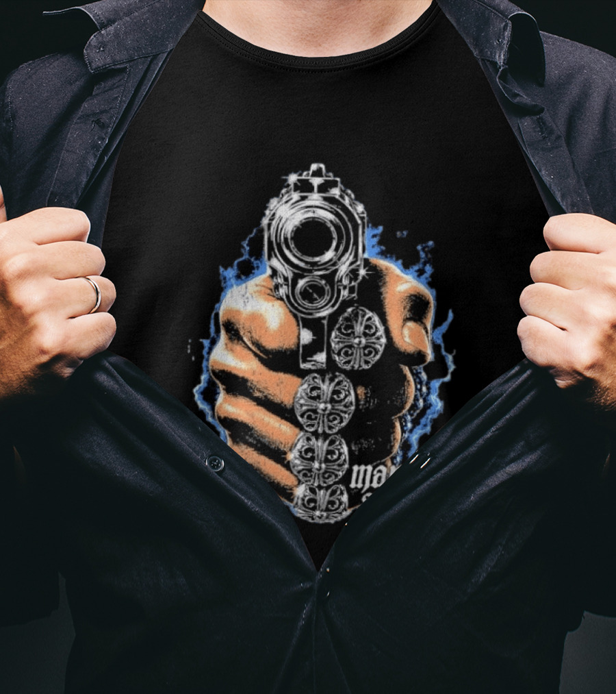 Maniac State Handgun Fist Chrome Cross Rings T-Shirt