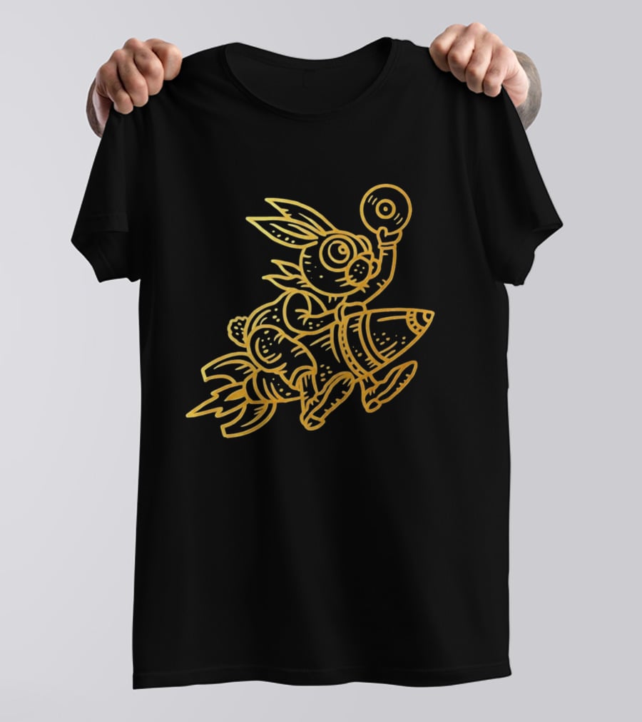 Golden Rabbit Riding A Rocket With Vinyl Record Music Space Adventure T-Shirt