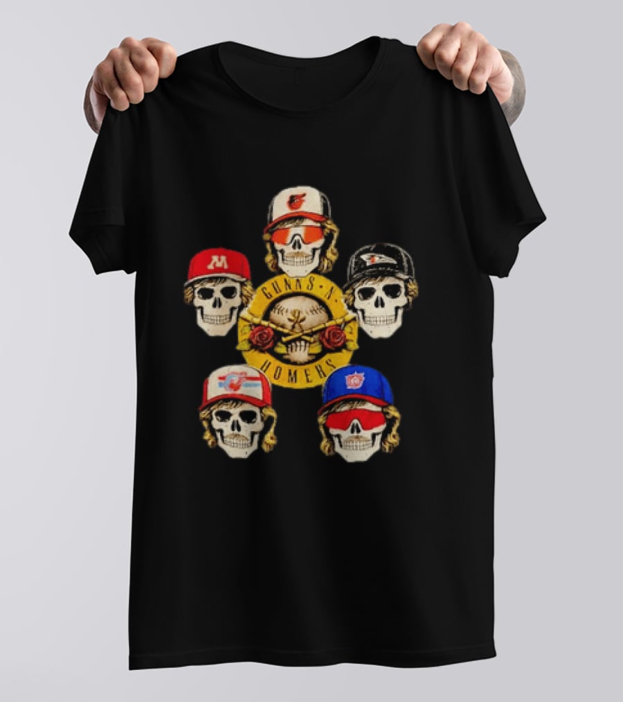 Gunns N Homers Baseball Skull Mashup With Five Caps T-Shirt