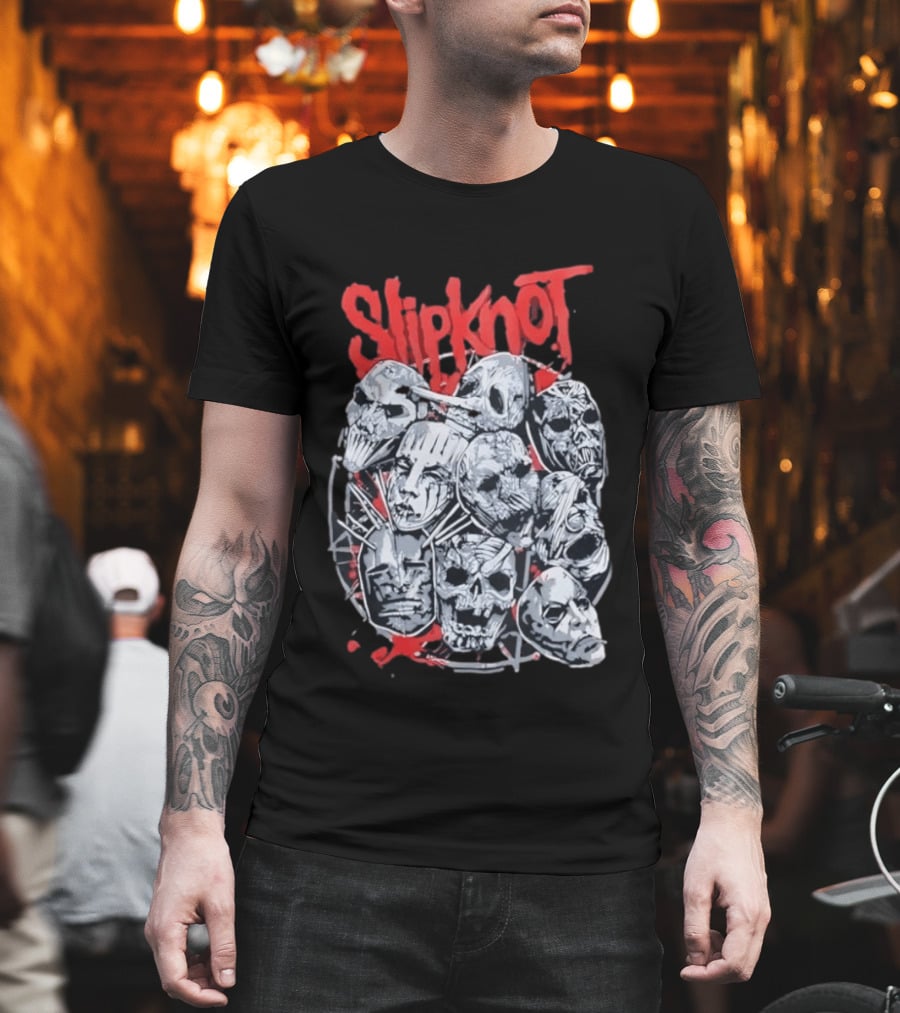 Slipknot Mask Collection With Band Name In Red T-Shirt
