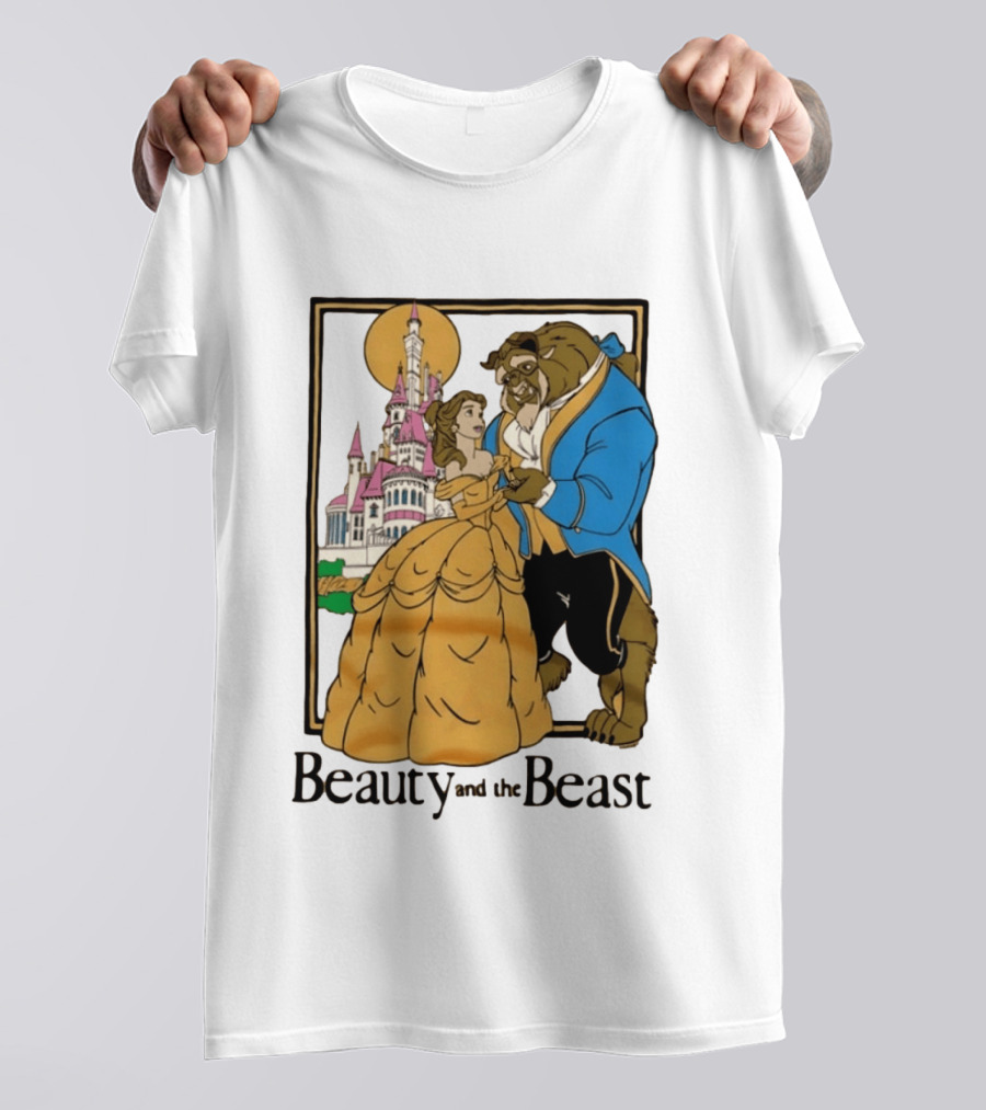 Beauty And The Beast Belle And Beast Dancing In Front Of Castle T-Shirt