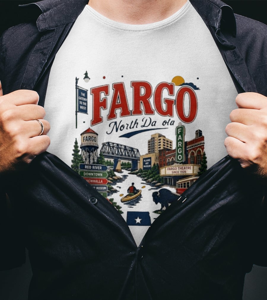 Fargo North Dakota Red River Downtown Brewhalla Plains Art Museum Riverfront Theatre T-Shirt