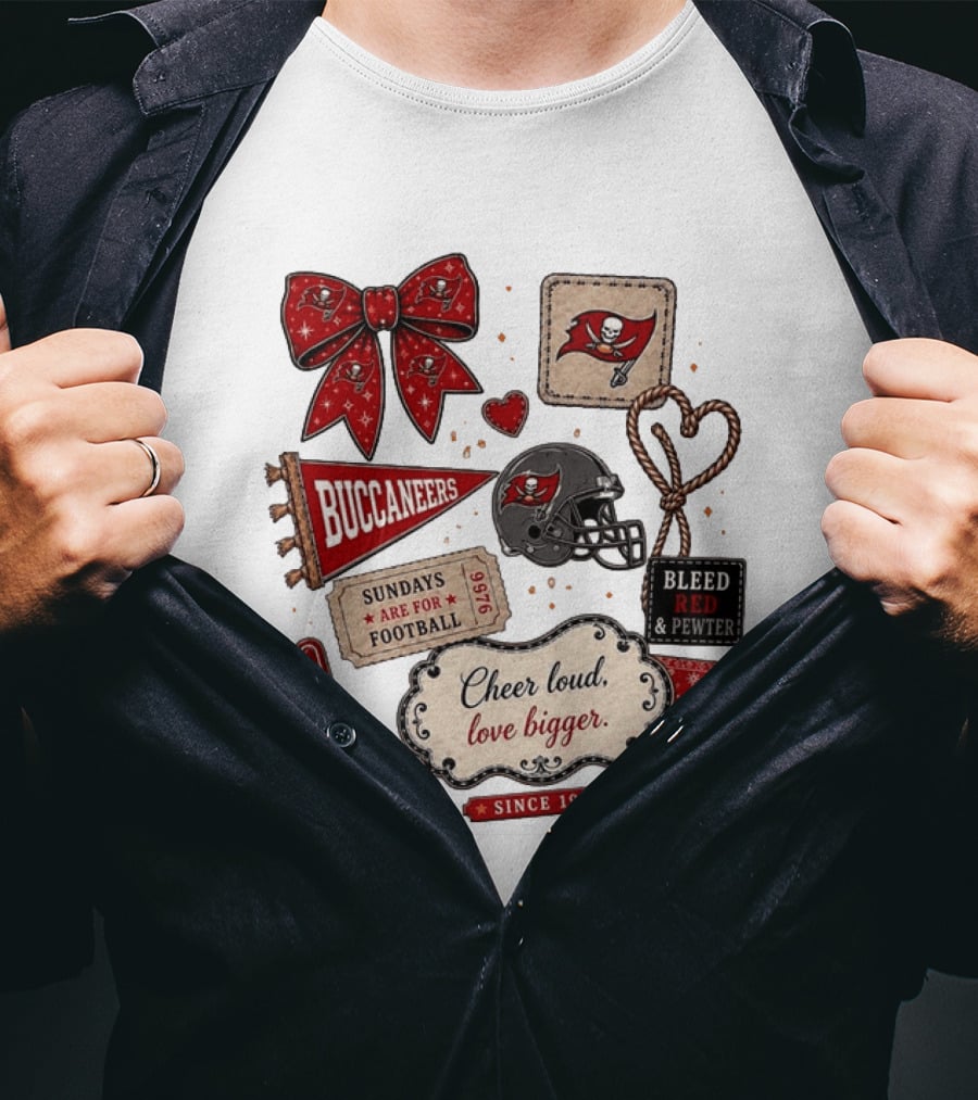 Tampa Bay Buccaneers Mom Red Floral Bow Cheer Loud Love Bigger Football Patch Collage T-Shirt