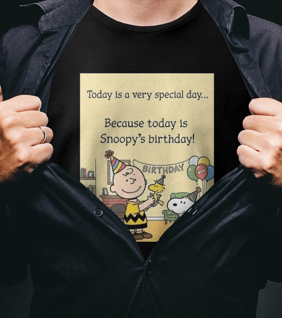 Celebrate Snoopy's Birthday With Charlie Brown And Woodstock In Party Hats And Balloons T-Shirt