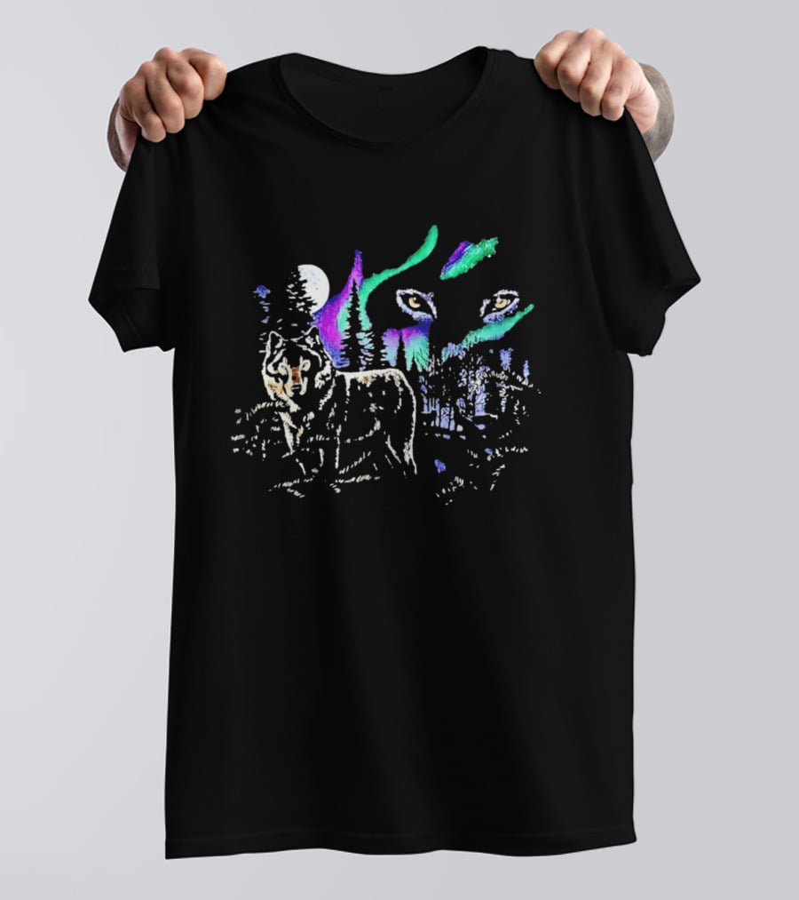 Northern Lights Wolf Under Starry Sky Moonlight Scene T-Shirt