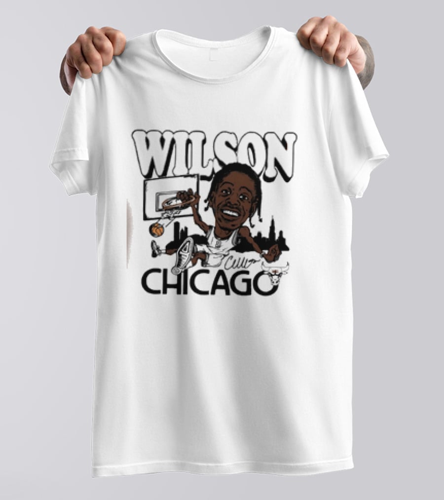 Wilson Dunking Basketball Caricature Chicago Bulls Skyline T-Shirt