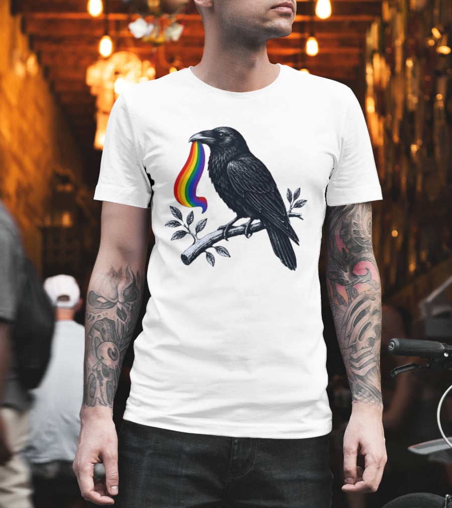 Rainbow Raven Pride Bird Holding Colorful Ribbon On Branch T-Shirt