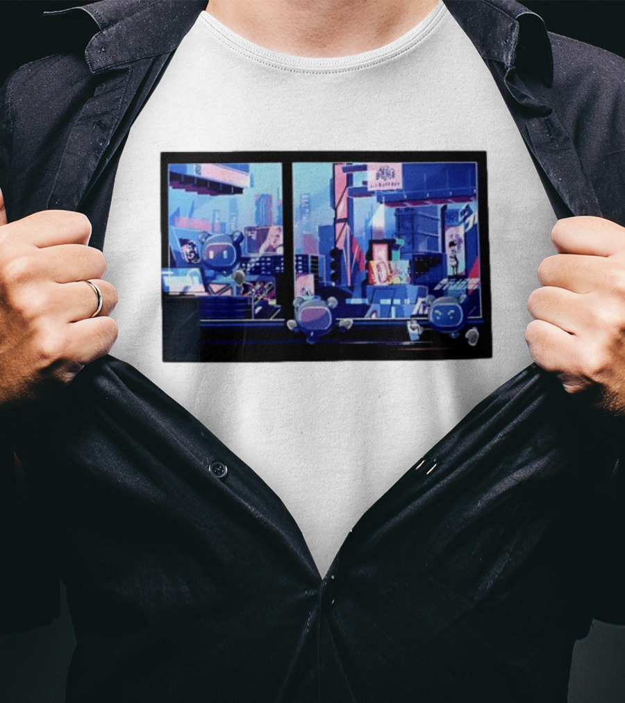 Lit Bot Apts Robots Futuristic City Skyline Pixel T-Shirt