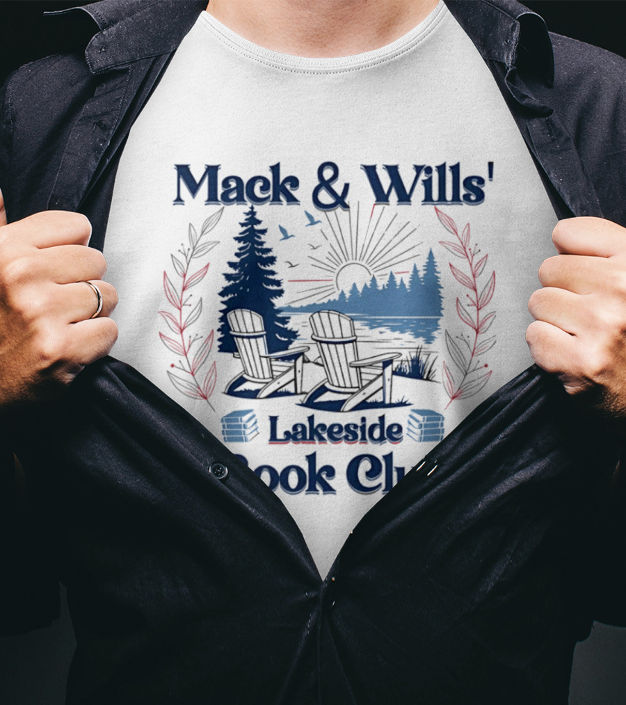 Mack & Wills' Lakeside Book Club Adirondack Chairs Sunset Scene T-Shirt