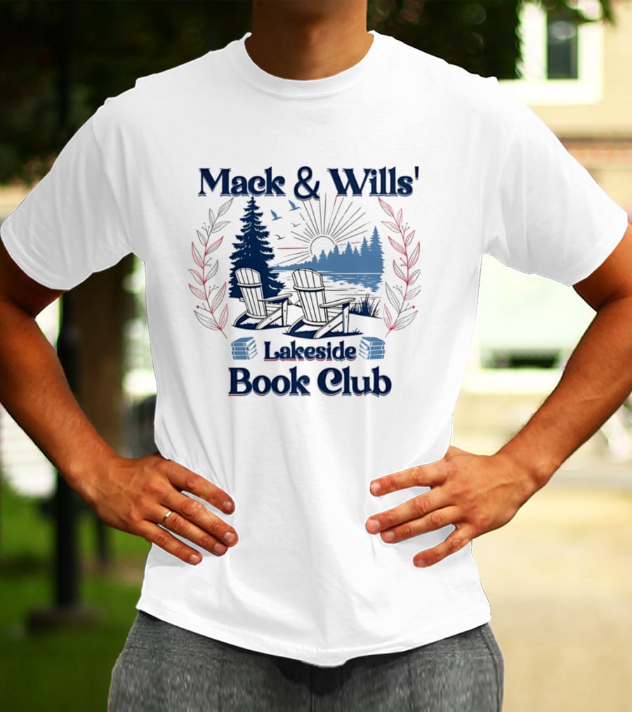 Mack & Wills' Lakeside Book Club Adirondack Chairs Sunset Scene T-Shirt