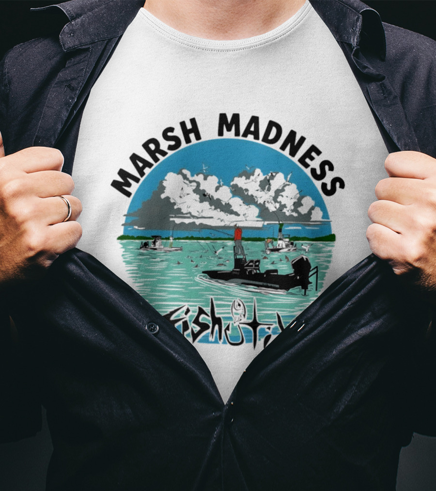 Marsh Madness Fishstix Boat Fishing Scene T-Shirt