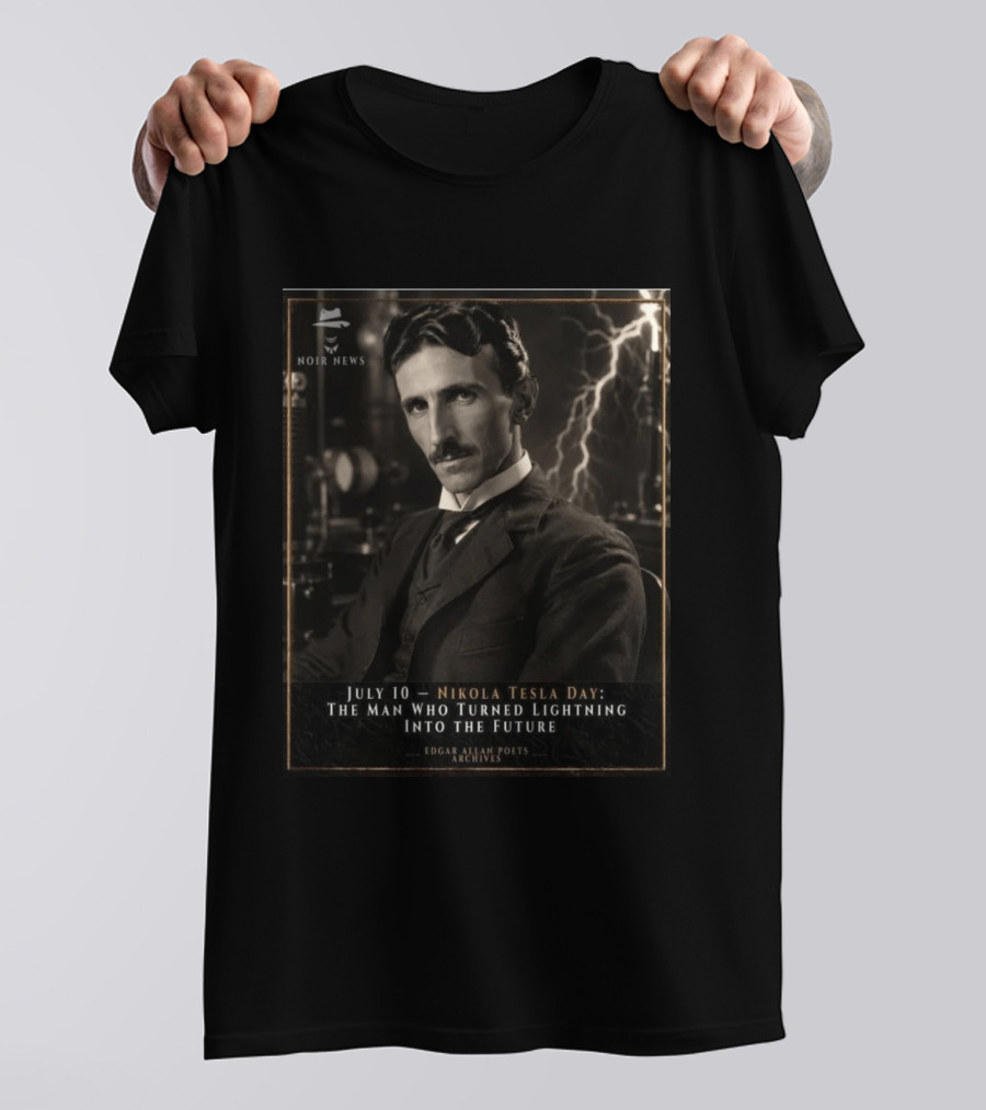 July 10 Nikola Tesla Day The Man Who Turned Lightning Into The Future Noir News Edgar Allan Poets Archives T-Shirt