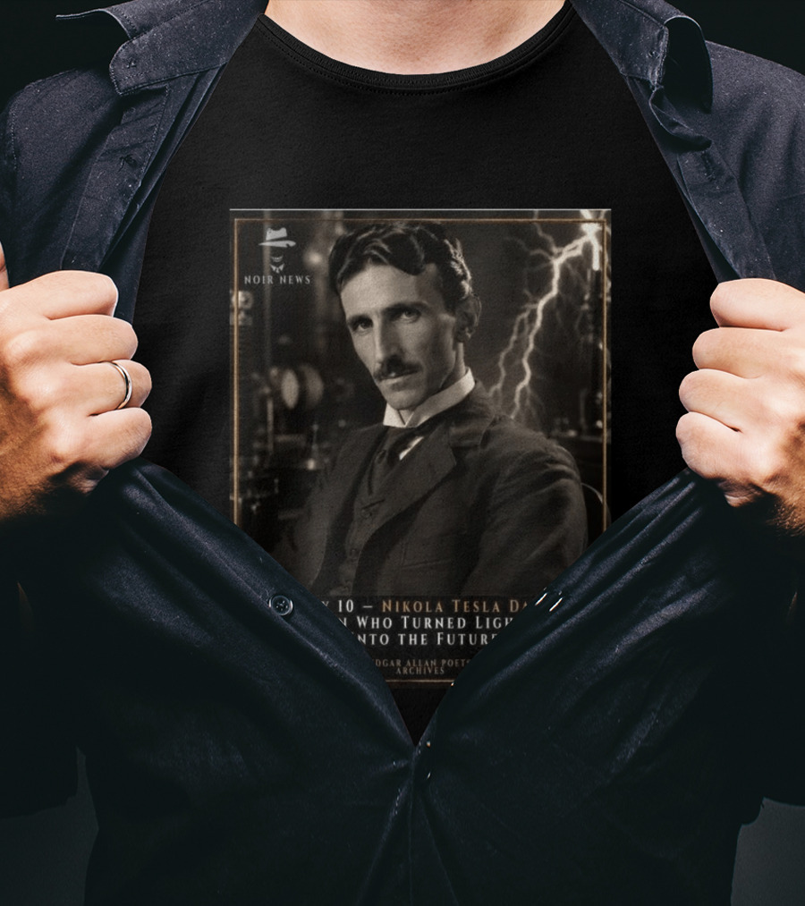 July 10 Nikola Tesla Day The Man Who Turned Lightning Into The Future Noir News Edgar Allan Poets Archives T-Shirt