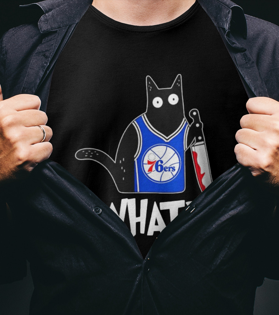 Philadelphia 76ers Cat Holding Knife WHAT Halloween T-Shirt