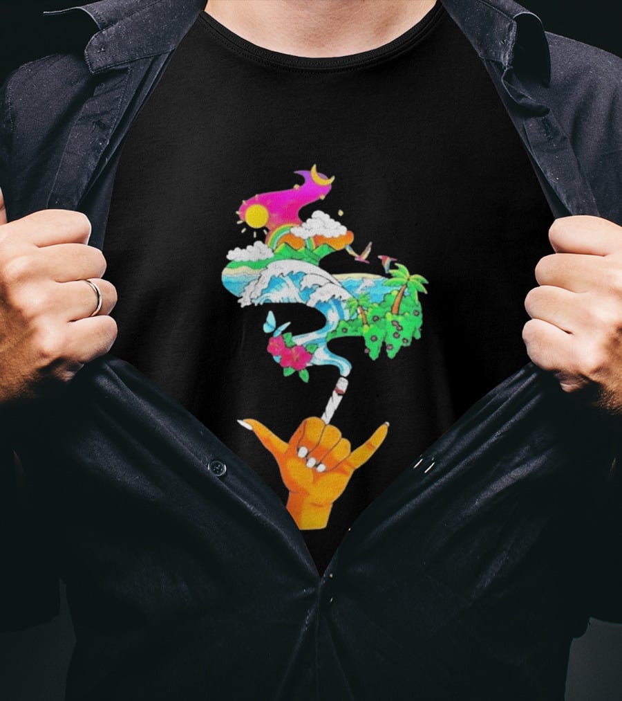 Shaka Hand Gesture With Tropical Island Wave And Colorful Clouds T-Shirt
