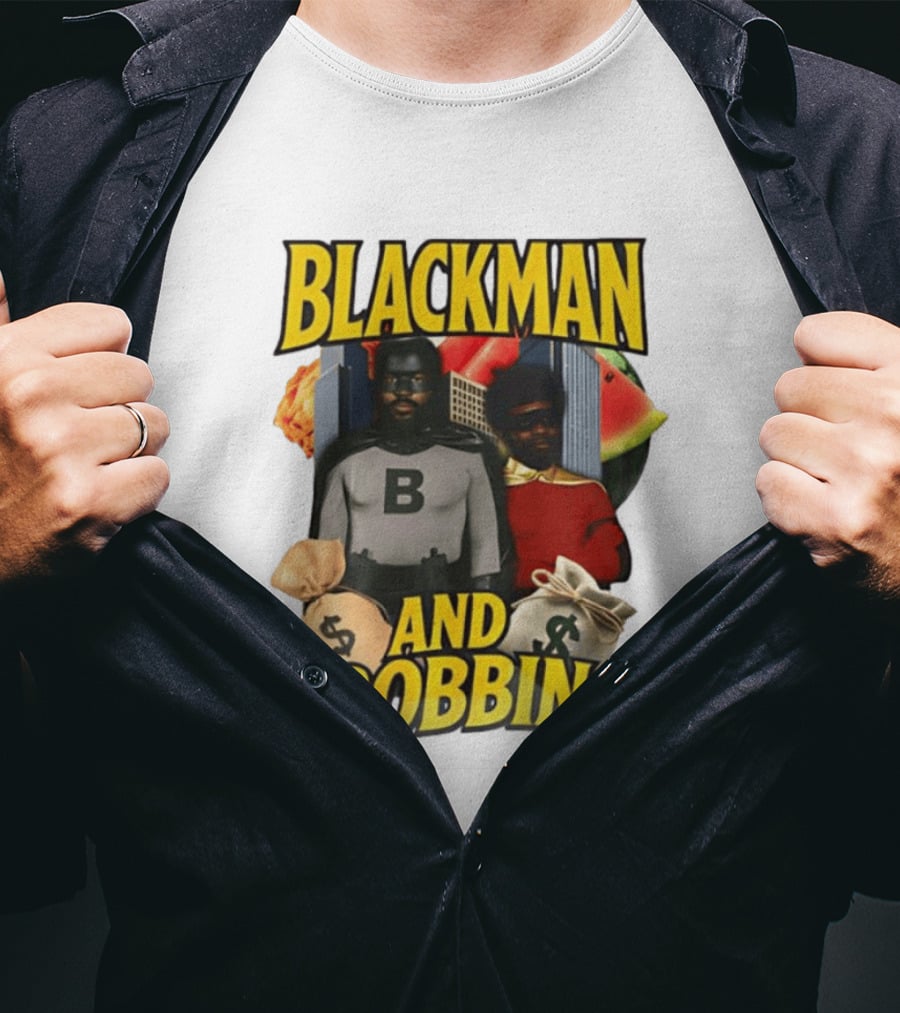 Blackman And Robbin Superhero Satire Comedy Money Bags Cityscape T-Shirt