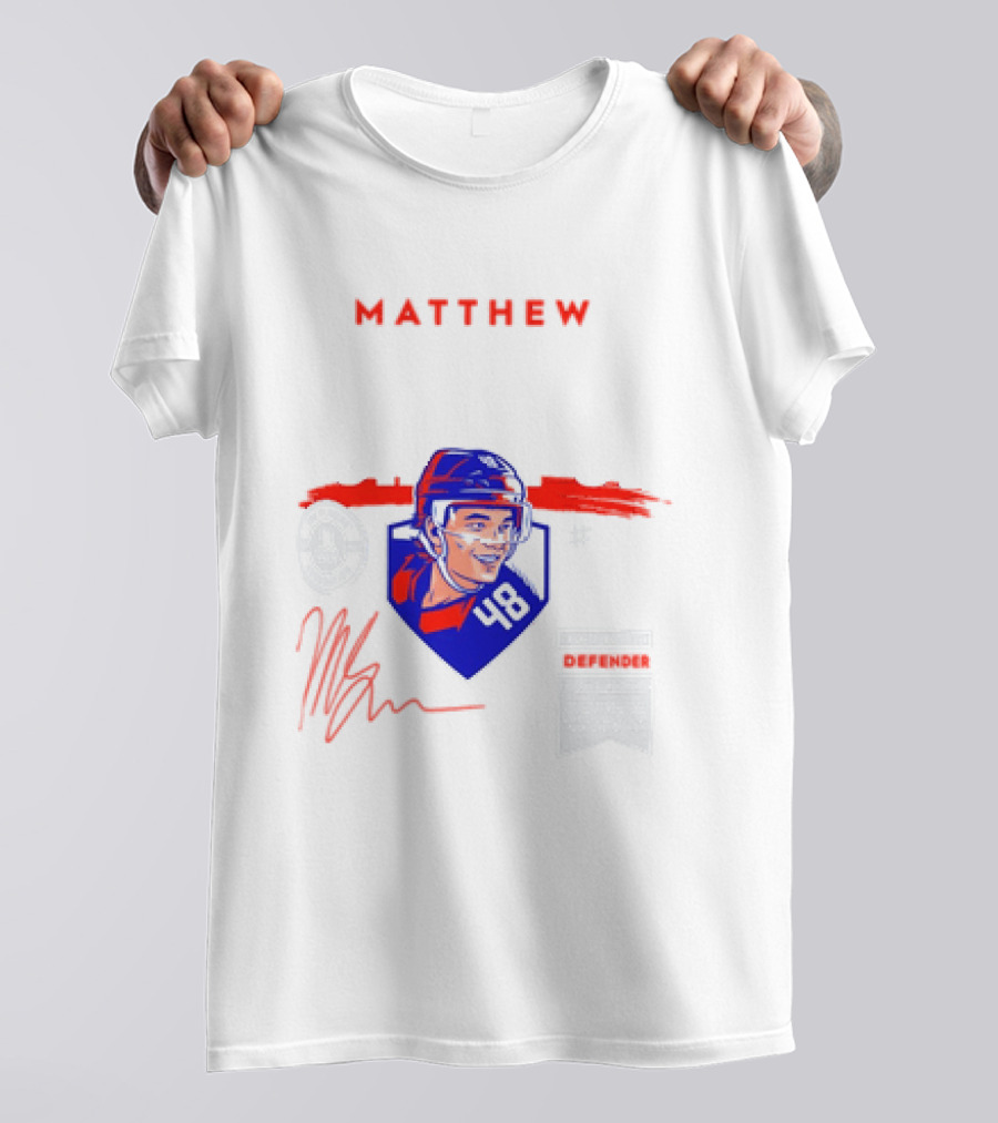 Matthew Schaefer New York Islanders 48 Spotlight Signature Helmets T-Shirt