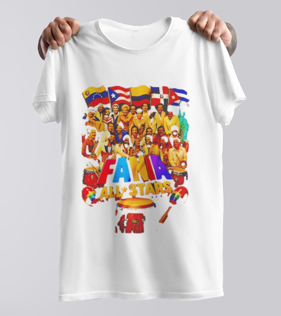 Fania All Stars Band With Colorful Flags And Musical Instruments T-Shirt