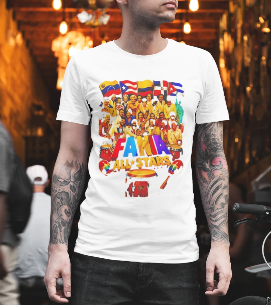 Fania All Stars Band With Colorful Flags And Musical Instruments T-Shirt