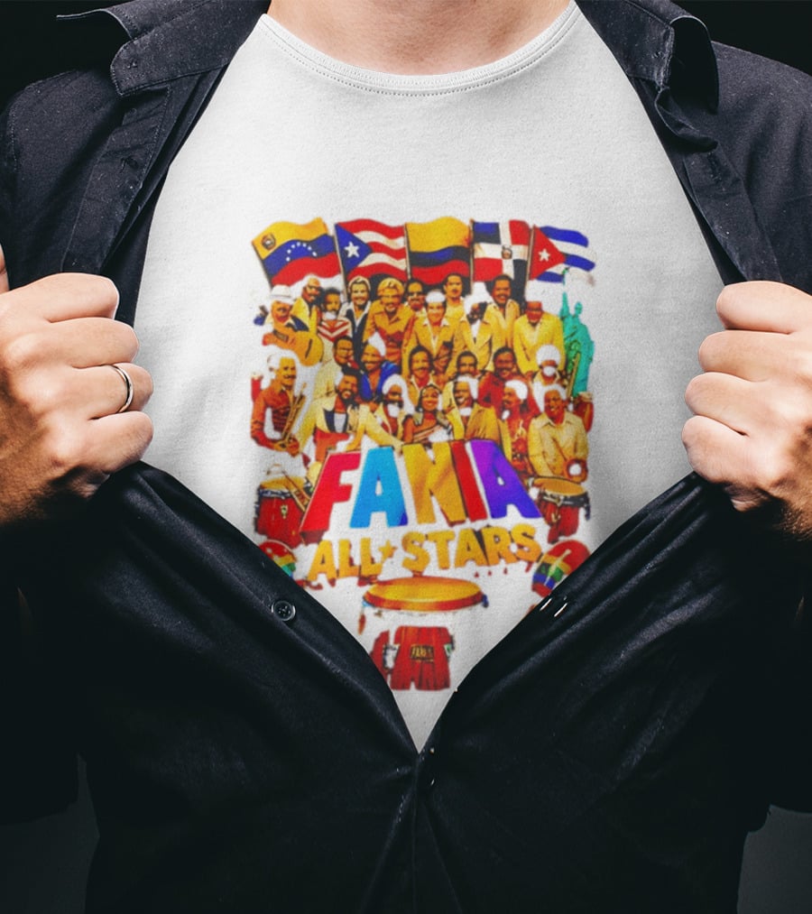 Fania All Stars Band With Colorful Flags And Musical Instruments T-Shirt