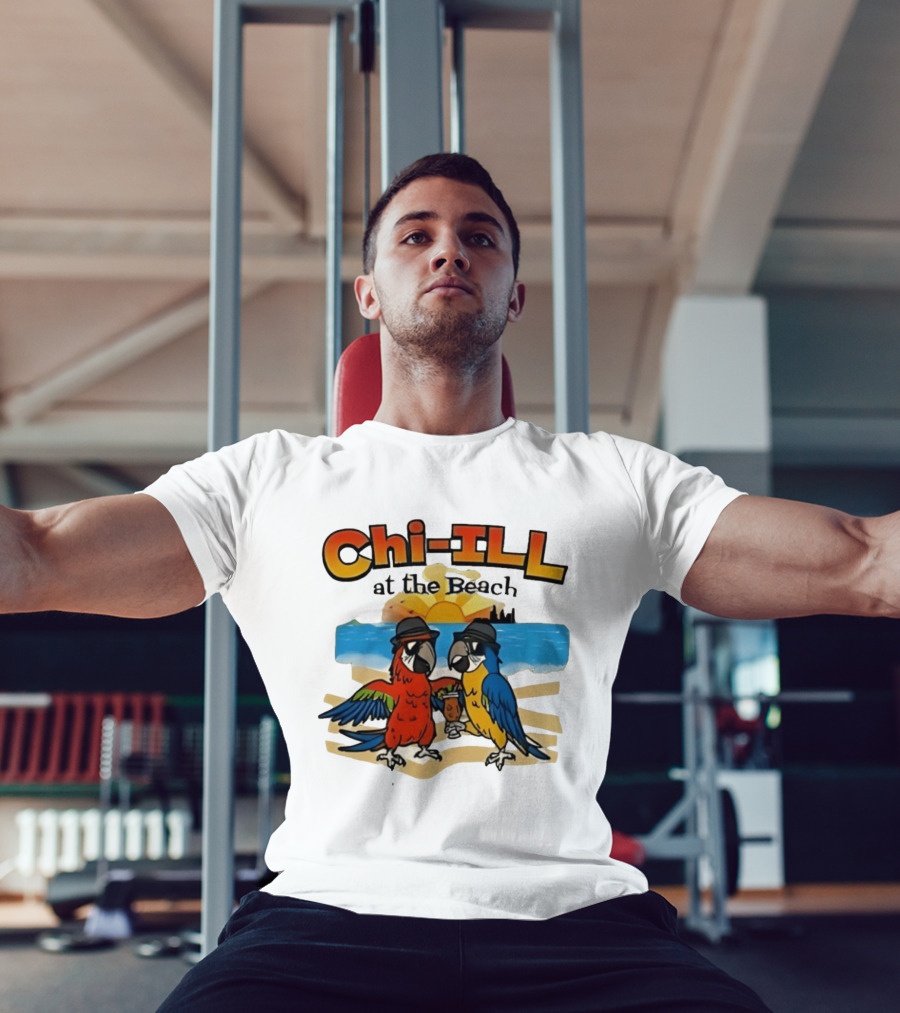 Chi ILL At The Beach Parrots With Hats And Sunset Scene T-Shirt