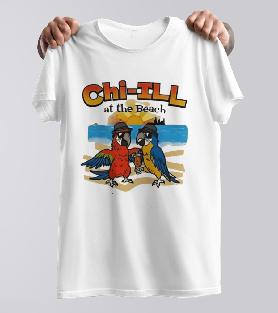Chi ILL At The Beach Parrots With Hats And Sunset Scene T-Shirt