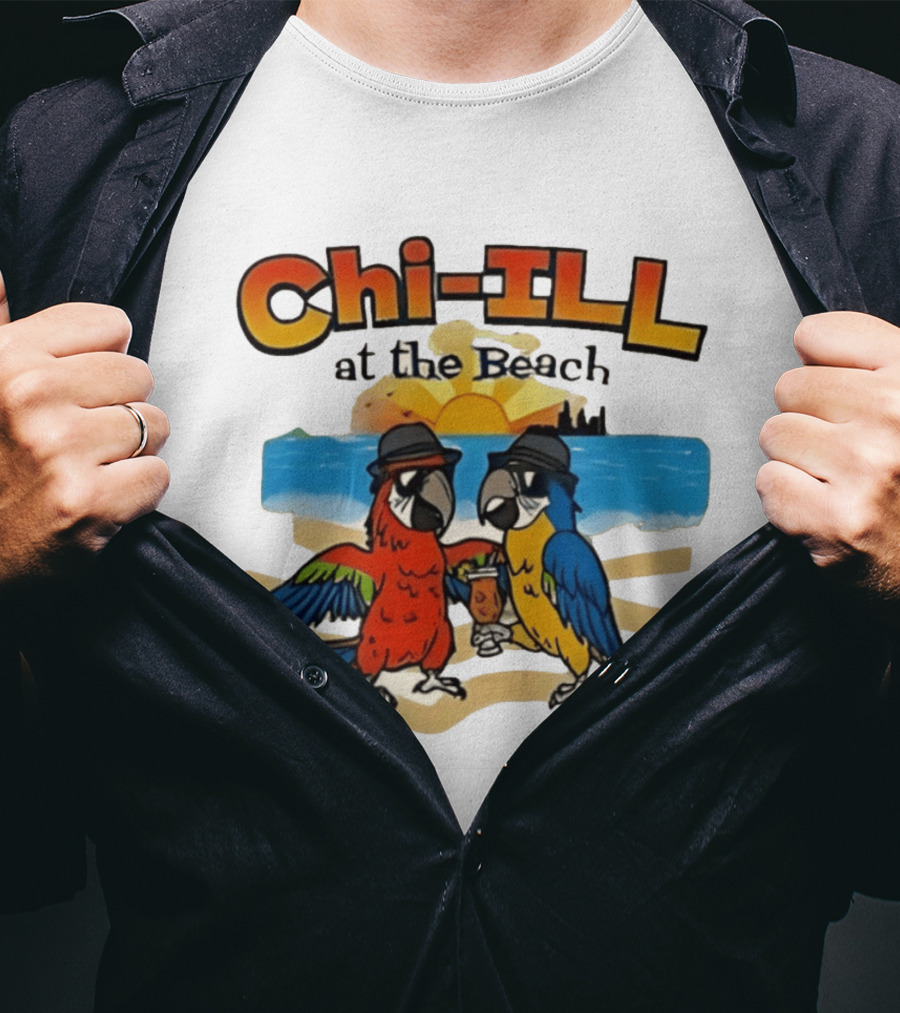 Chi ILL At The Beach Parrots With Hats And Sunset Scene T-Shirt