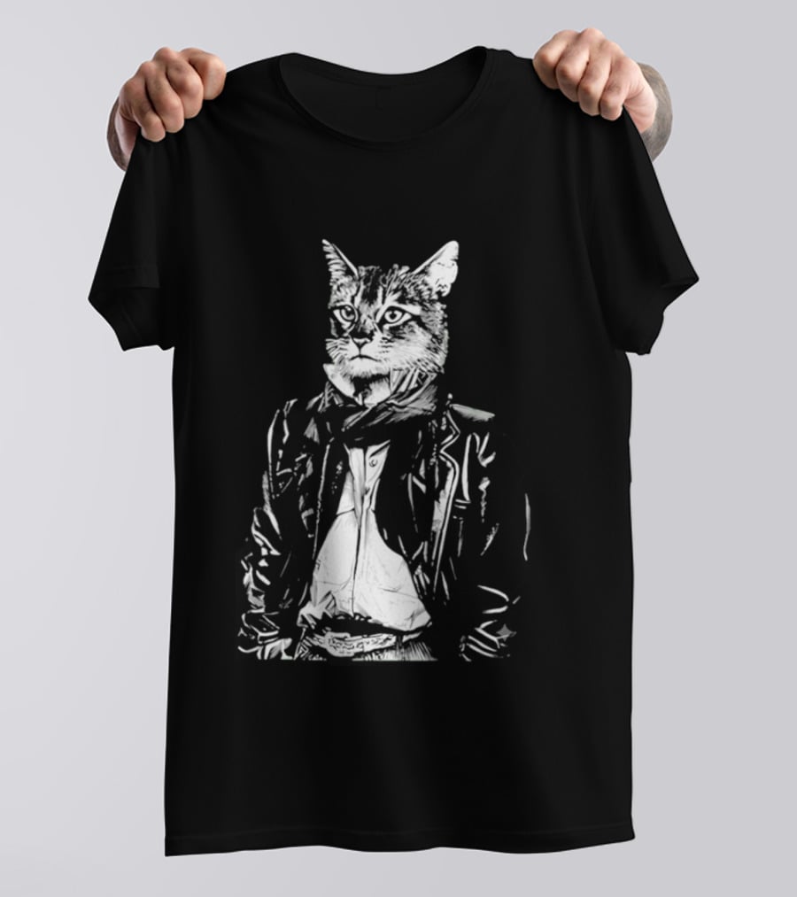 Cat They Only Come Out At Night Cool Cat In Leather Jacket T-Shirt