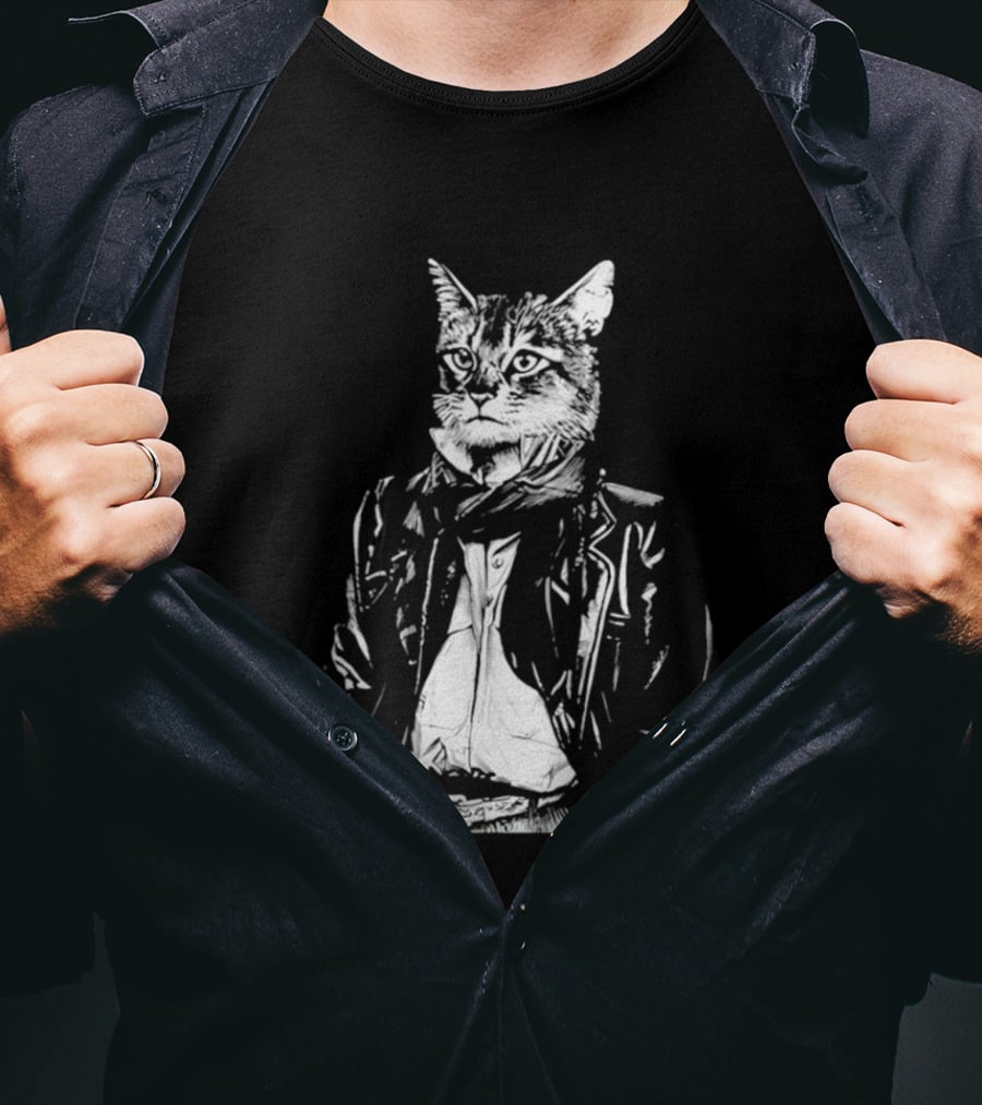 Cat They Only Come Out At Night Cool Cat In Leather Jacket T-Shirt