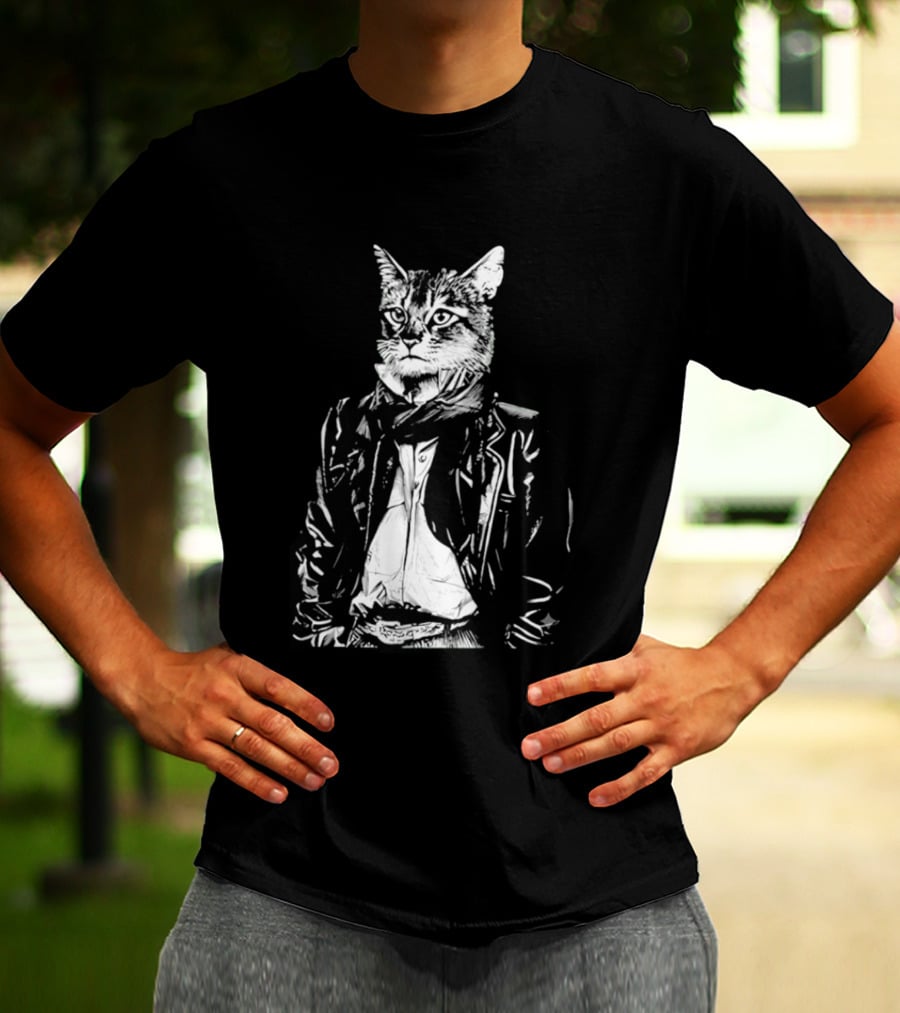 Cat They Only Come Out At Night Cool Cat In Leather Jacket T-Shirt