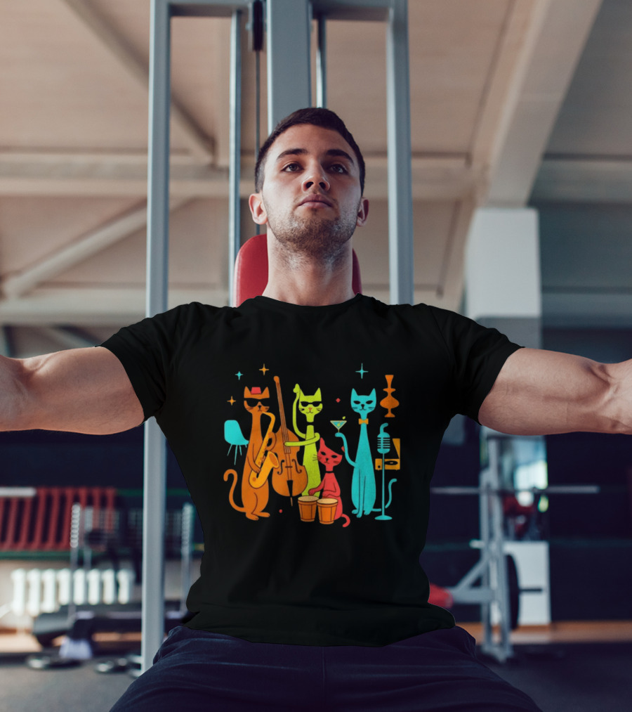 Jazz Cat Quartet Playing Instruments Bass Bongo Trumpet Martini T-Shirt