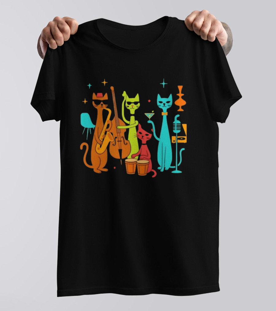 Jazz Cat Quartet Playing Instruments Bass Bongo Trumpet Martini T-Shirt