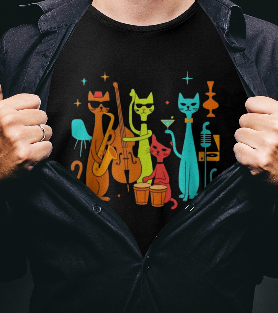 Jazz Cat Quartet Playing Instruments Bass Bongo Trumpet Martini T-Shirt