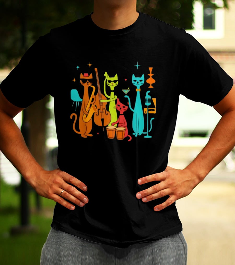 Jazz Cat Quartet Playing Instruments Bass Bongo Trumpet Martini T-Shirt