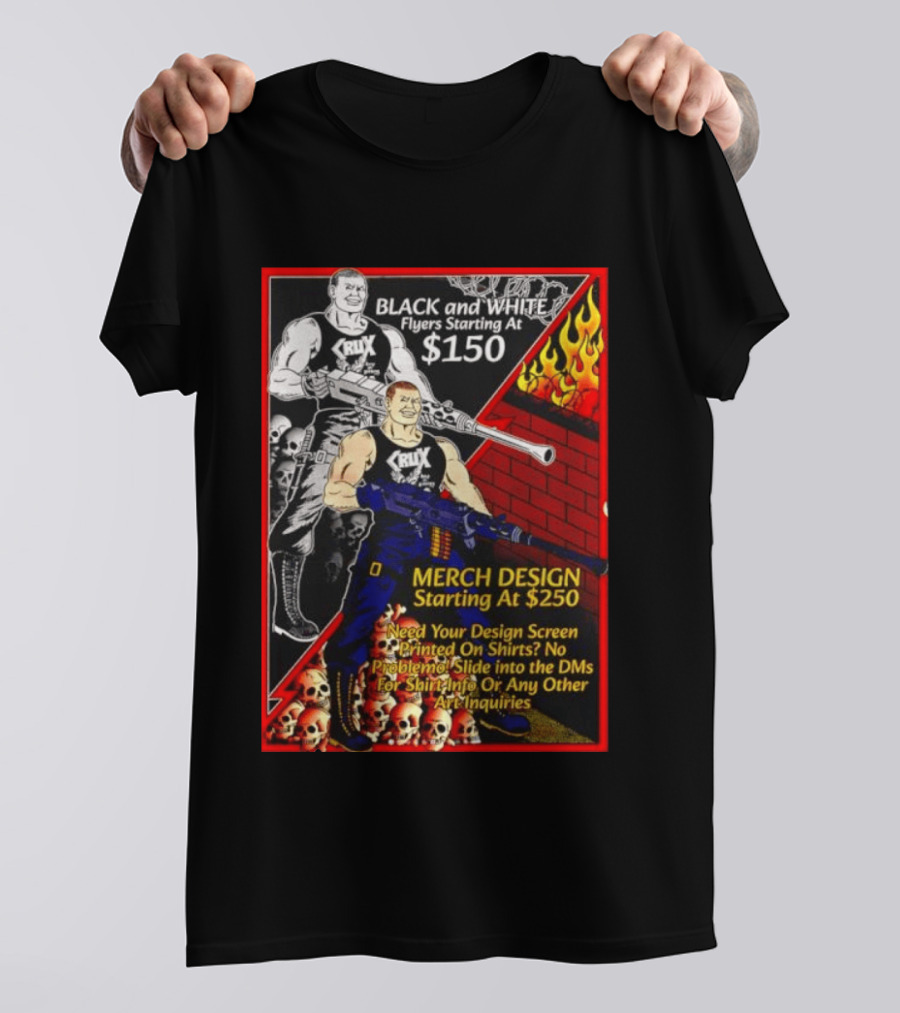 Crux Black And White Flyers And Merch Services Skulls And Flames Promo T-Shirt
