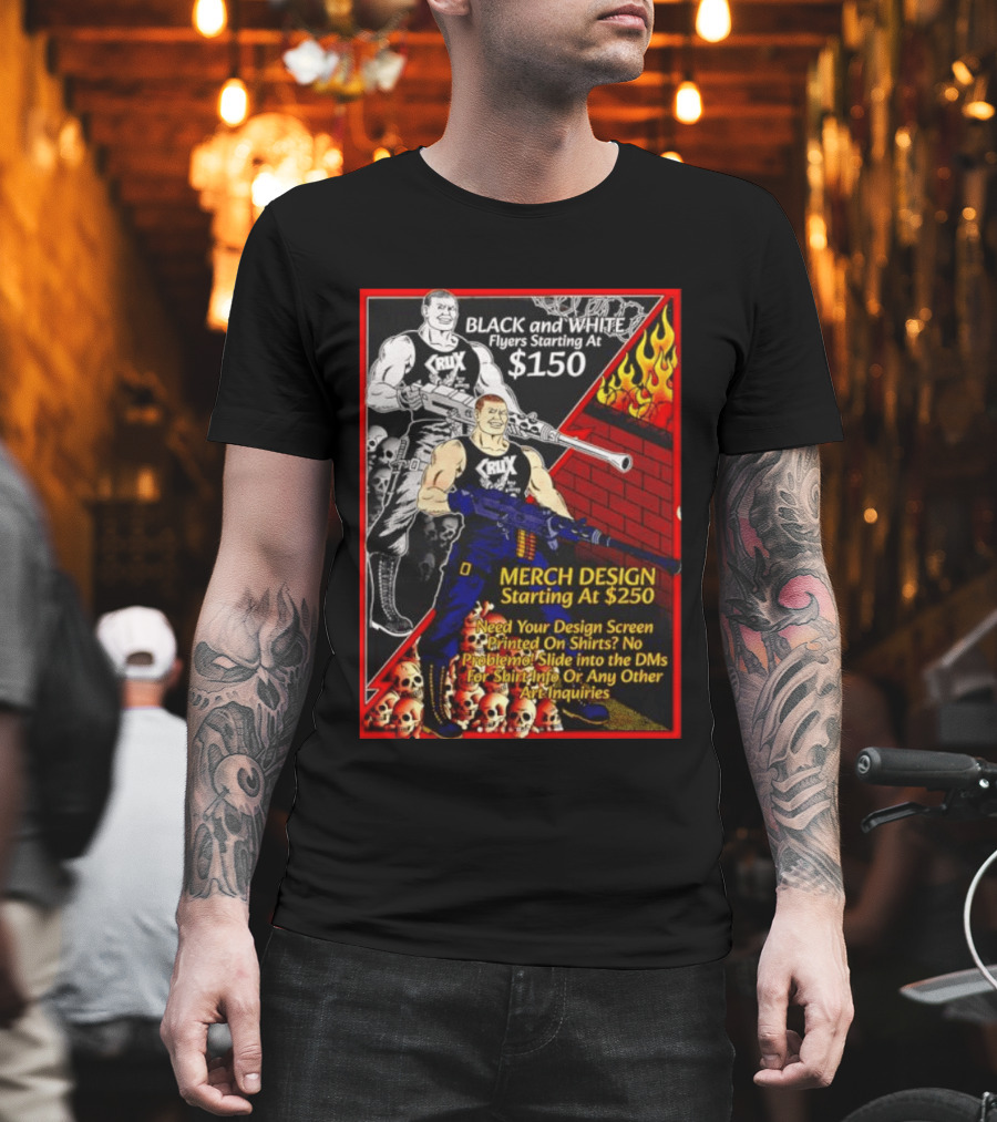 Crux Black And White Flyers And Merch Services Skulls And Flames Promo T-Shirt