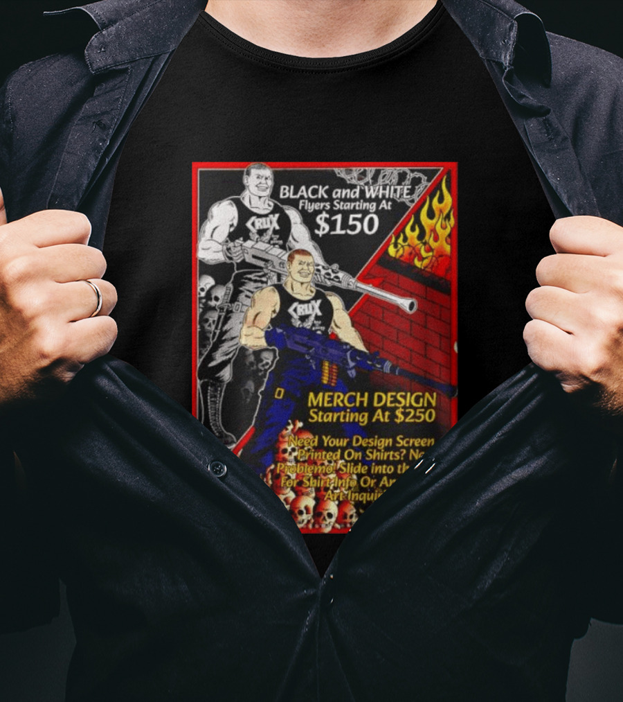 Crux Black And White Flyers And Merch Services Skulls And Flames Promo T-Shirt