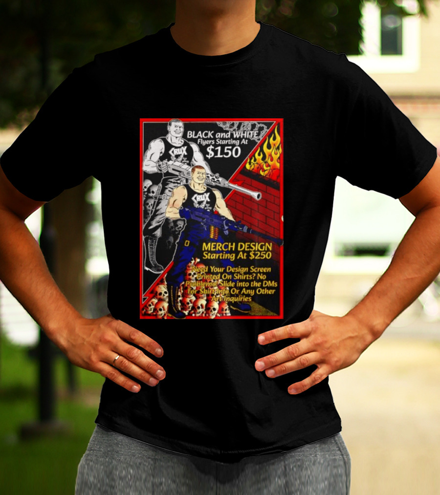 Crux Black And White Flyers And Merch Services Skulls And Flames Promo T-Shirt
