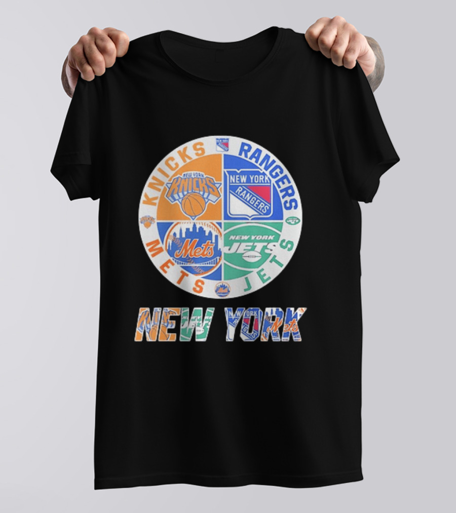 New York Knicks Rangers Mets Jets Fan Logos NY Sports Team Circle T-Shirt