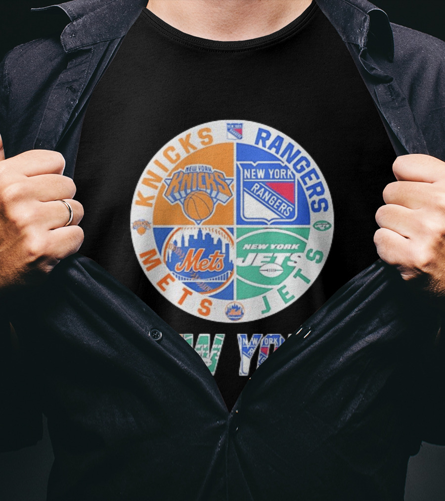 New York Knicks Rangers Mets Jets Fan Logos NY Sports Team Circle T-Shirt
