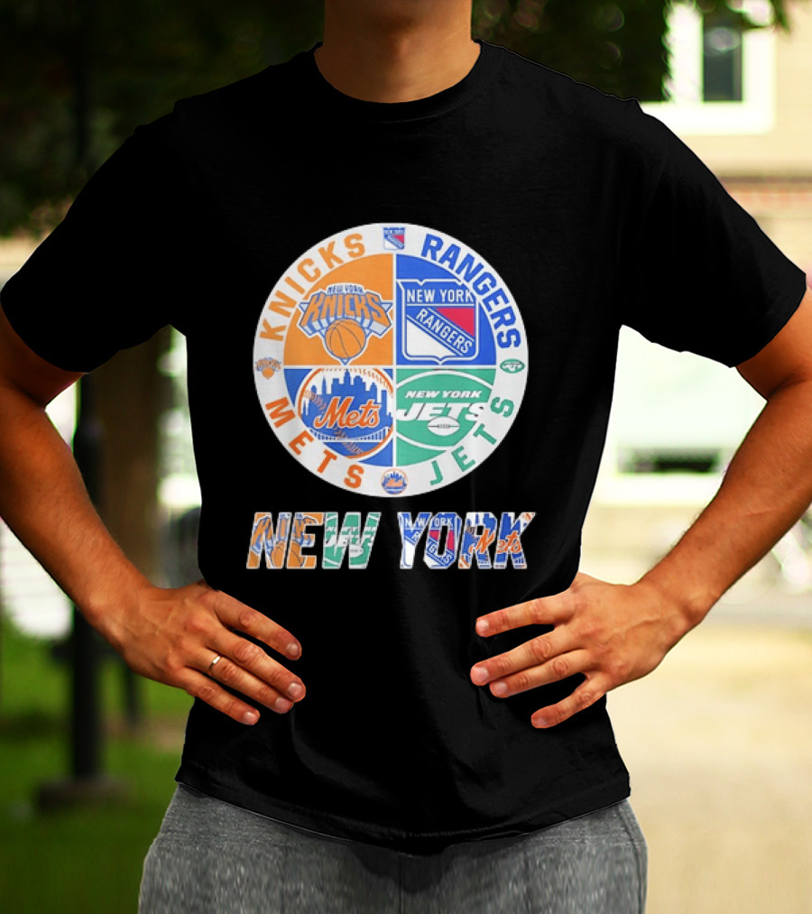 New York Knicks Rangers Mets Jets Fan Logos NY Sports Team Circle T-Shirt