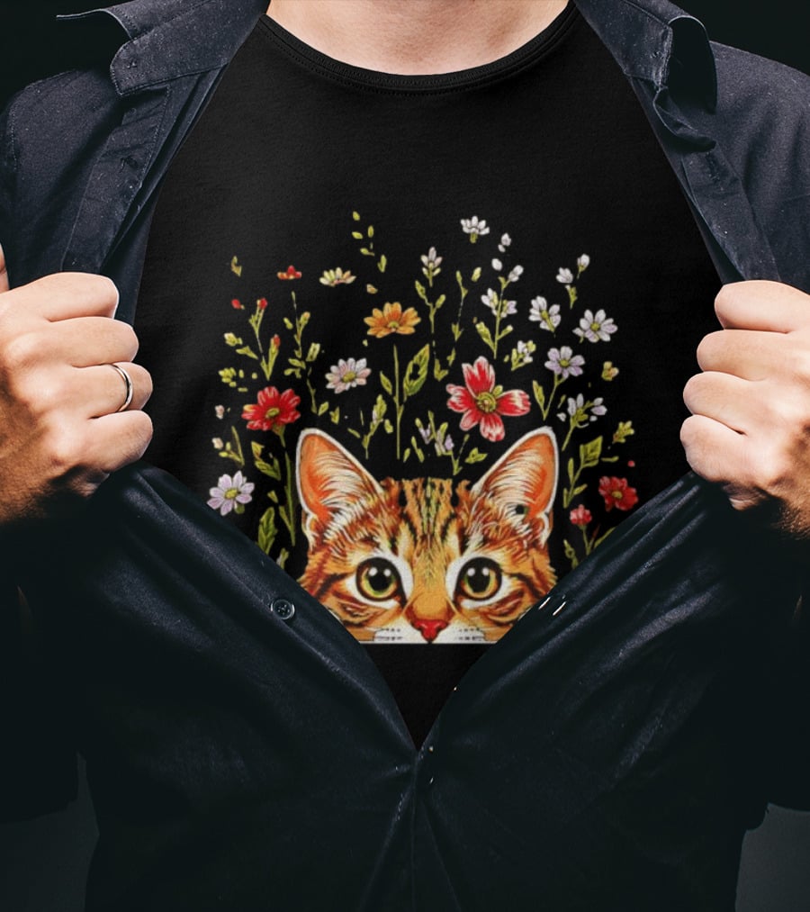 Tabby Kitten Head Through Wildflowers Florals T-Shirt