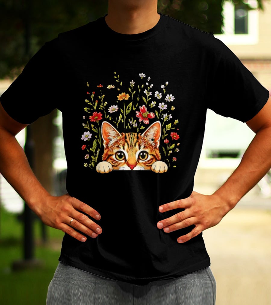 Tabby Kitten Head Through Wildflowers Florals T-Shirt