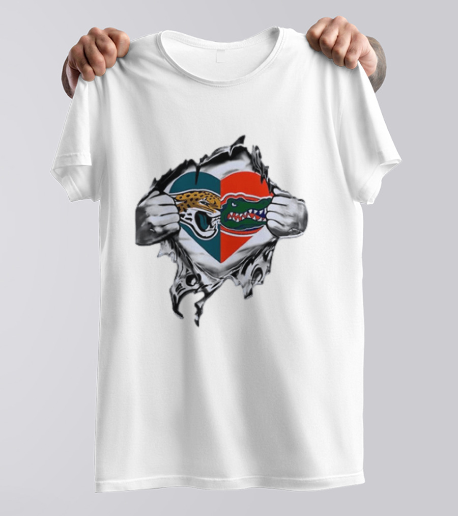 Heart Jacksonville Jaguars Florida Gators Ripped Chest T-Shirt