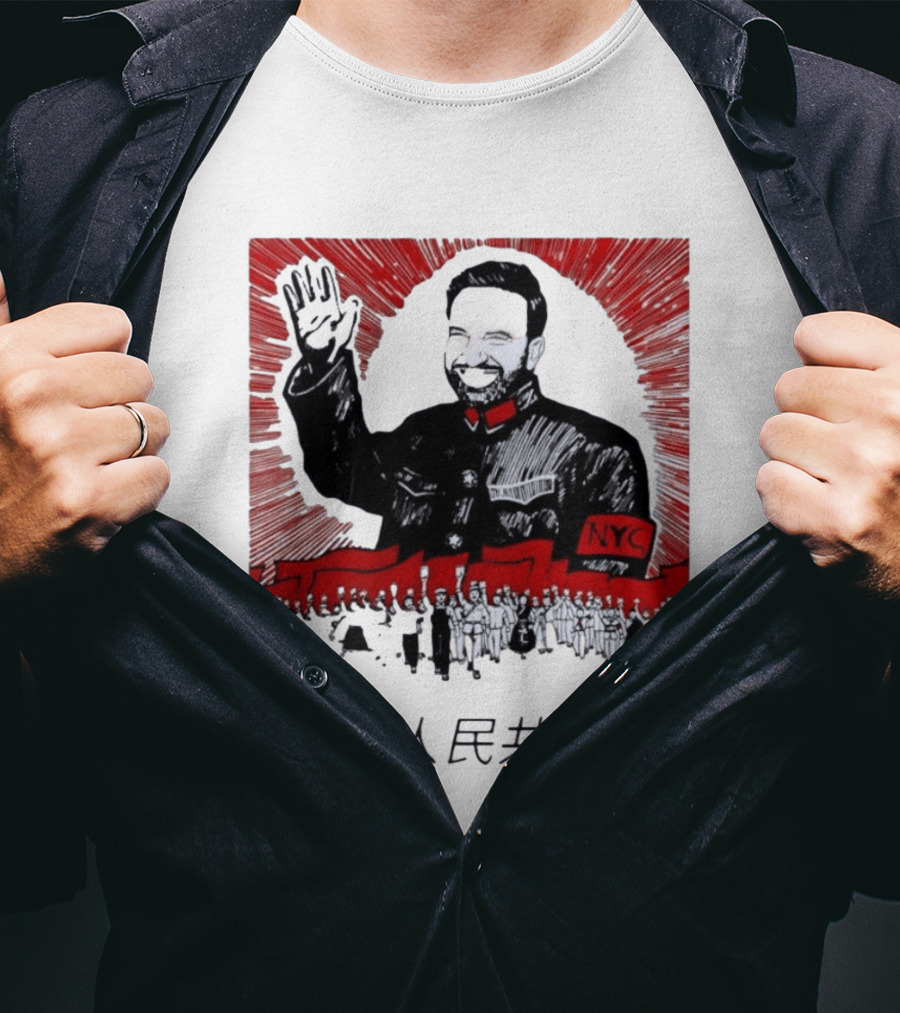 People's Republic Of NYC Bearded Man Waving With NYC Arm Patch And Red T-Shirt