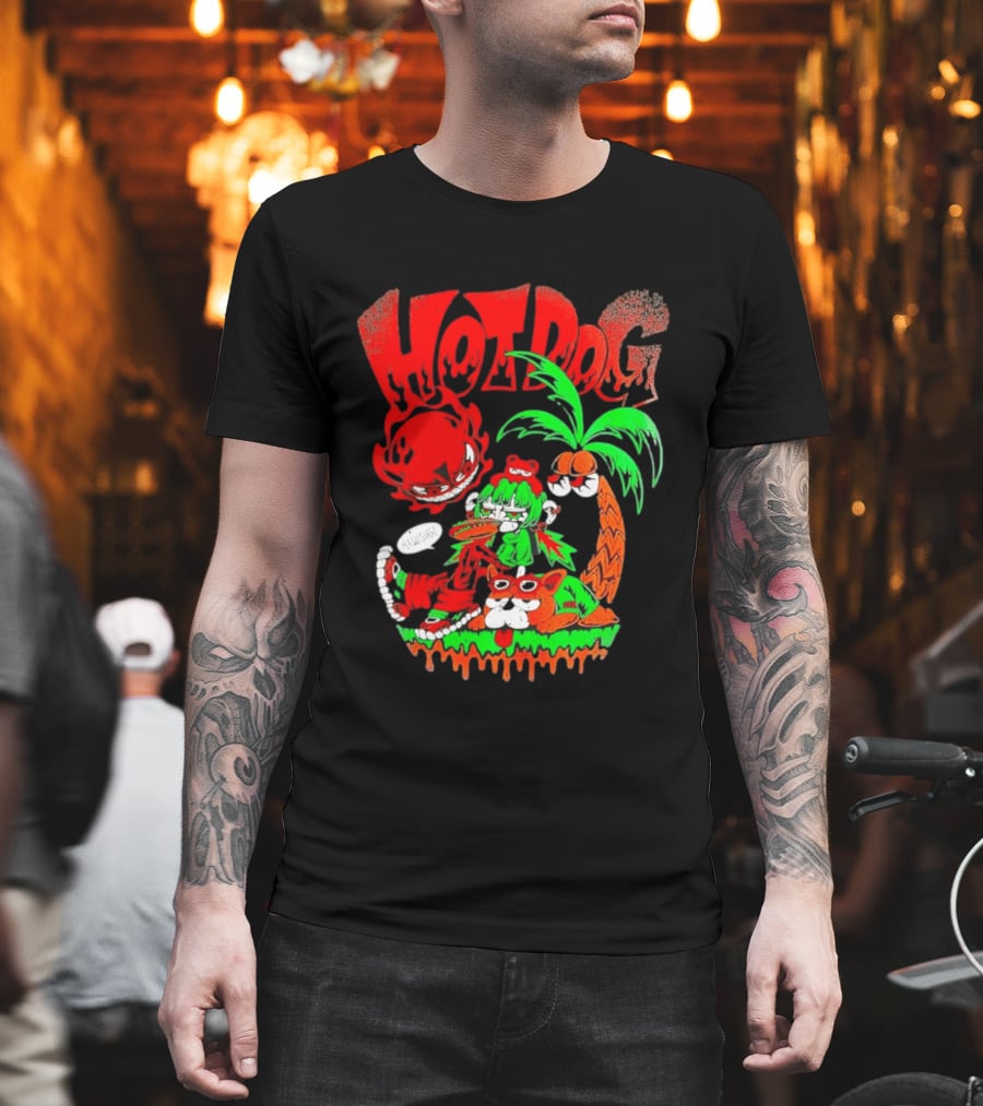 Hotdog Atsusugi Girl With Bear Hat And Dog Under Palm Tree T-Shirt